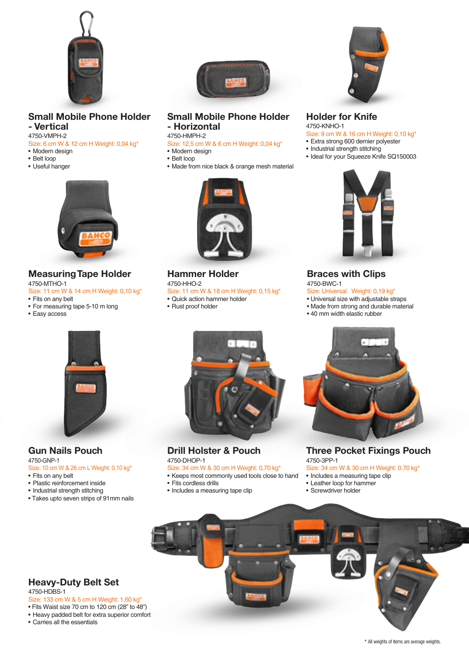 Small mobile phone holder - horizontal, Hammer holder, Holder for knife | Measuring tape holder, Braces with clips, Three pocket fixings pouch, Drill holster & pouch, Small mobile phone holder - vertical, Heavy-duty belt set, Gun nails pouch | Bahco Tool Holders Collection User Manual | Page 5 / 12