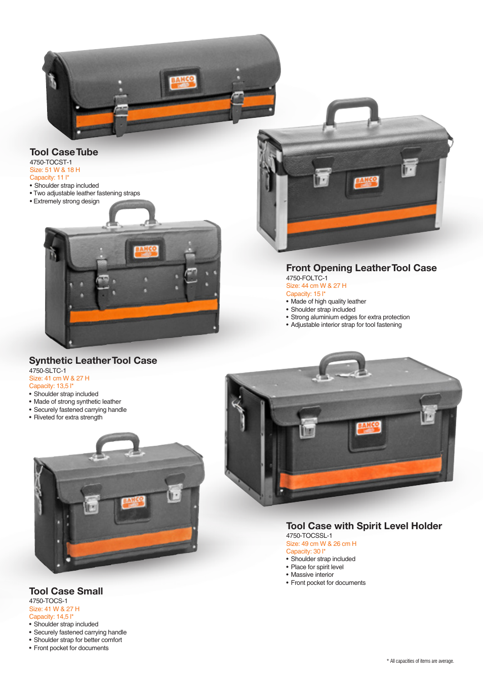 Tool case tube, Front opening leather tool case, Synthetic leather tool case | Tool case small, Tool case with spirit level holder | Bahco Tool Holders Collection User Manual | Page 7 / 12