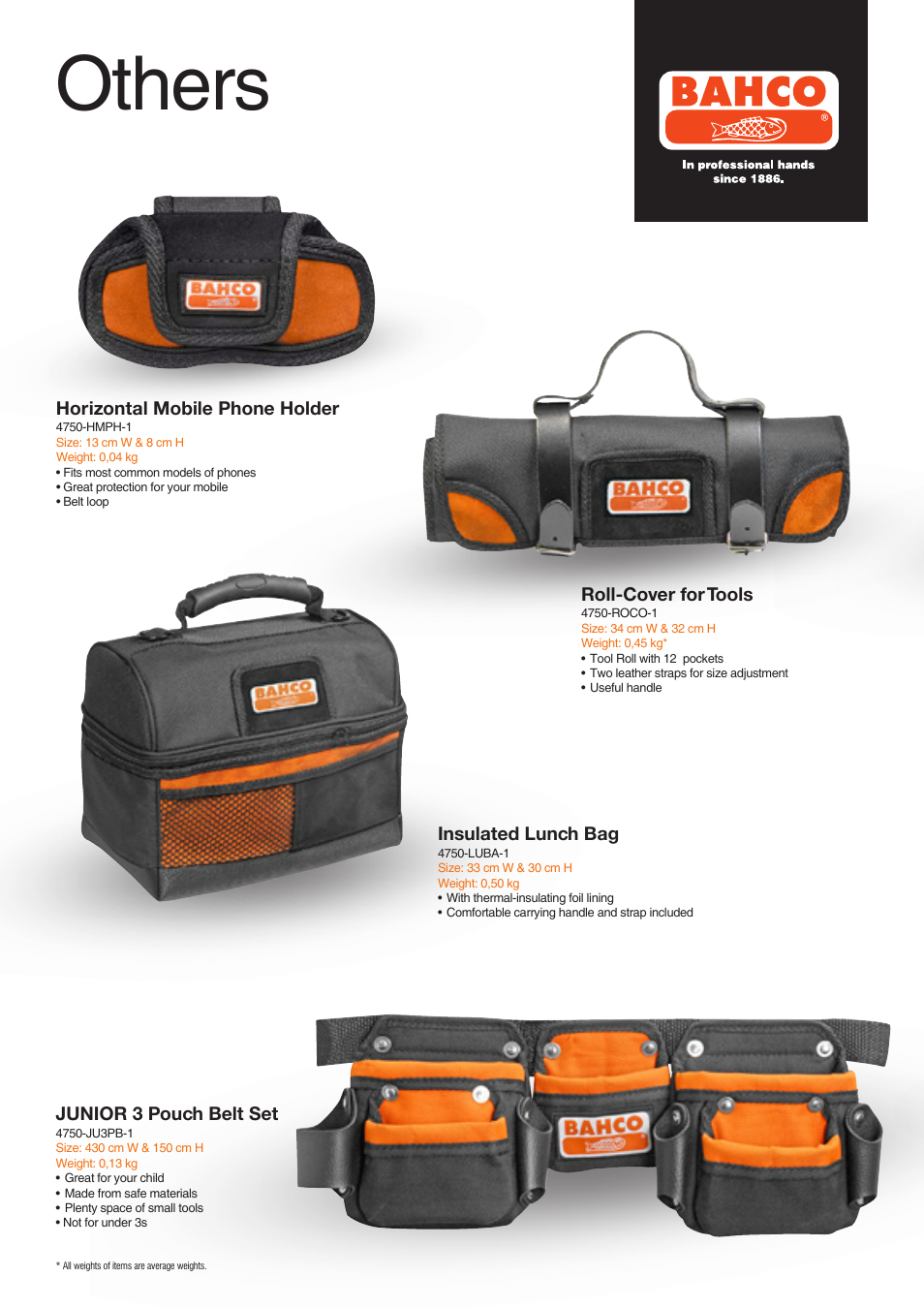 Others, Insulated lunch bag, Horizontal mobile phone holder | Roll-cover for tools, Junior 3 pouch belt set | Bahco Tool Holders Collection User Manual | Page 8 / 12