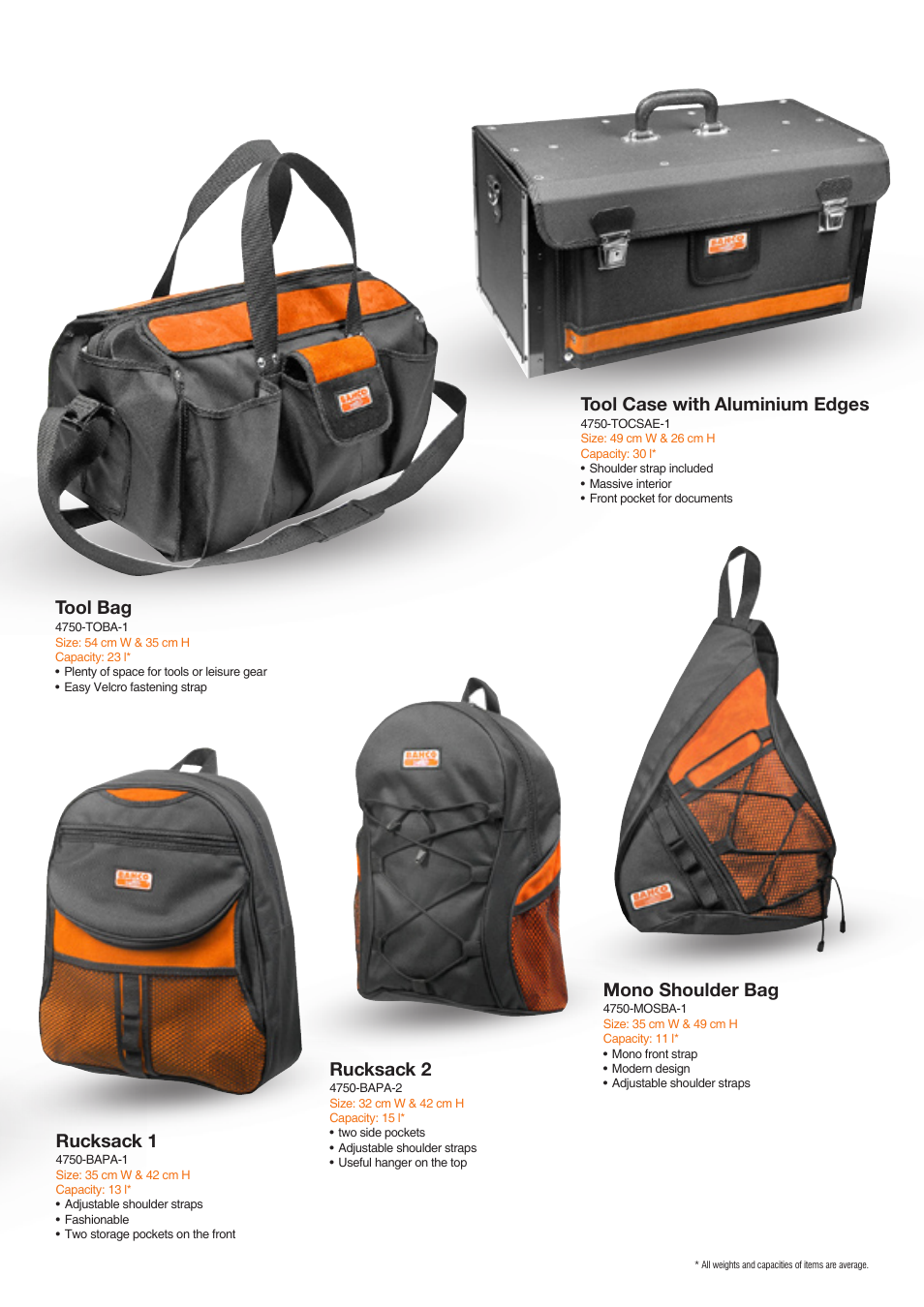 Tool bag, Rucksack 1, Rucksack 2 | Mono shoulder bag, Tool case with aluminium edges | Bahco Tool Holders Collection User Manual | Page 9 / 12