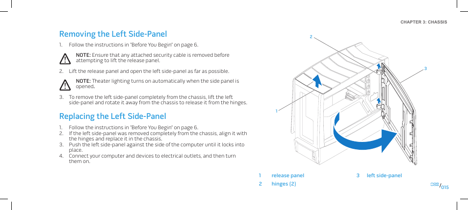 Removing the left side-panel, Replacing the left side-panel | Dell Alienware Area 51 (Late 2009) User Manual | Page 15 / 103