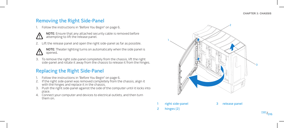 Removing the right side-panel, Replacing the right side-panel | Dell Alienware Area 51 (Late 2009) User Manual | Page 16 / 103