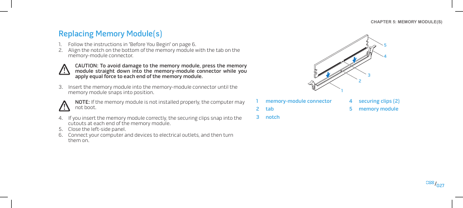 Replacing memory module(s) | Dell Alienware Area 51 (Late 2009) User Manual | Page 27 / 103