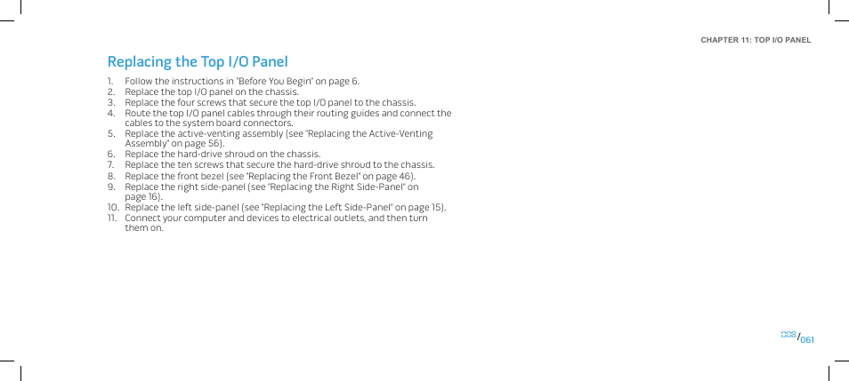 Replacing the top i/o panel | Dell Alienware Area 51 (Late 2009) User Manual | Page 61 / 103