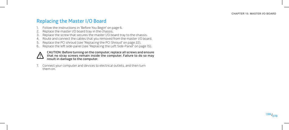 Replacing the master i/o board | Dell Alienware Area 51 (Late 2009) User Manual | Page 78 / 103