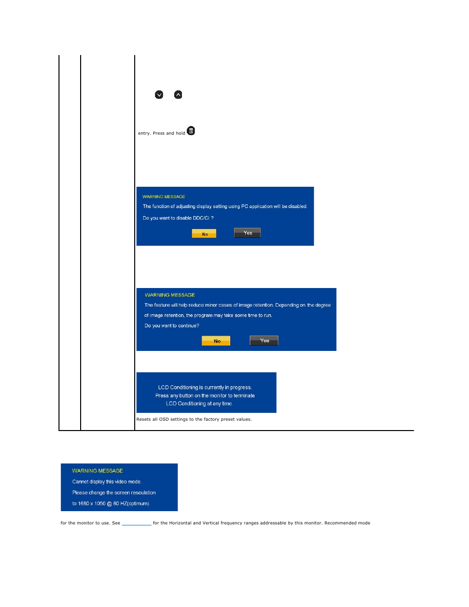 Osd warning messagess | Dell Crystal Monitor User Manual | Page 17 / 27