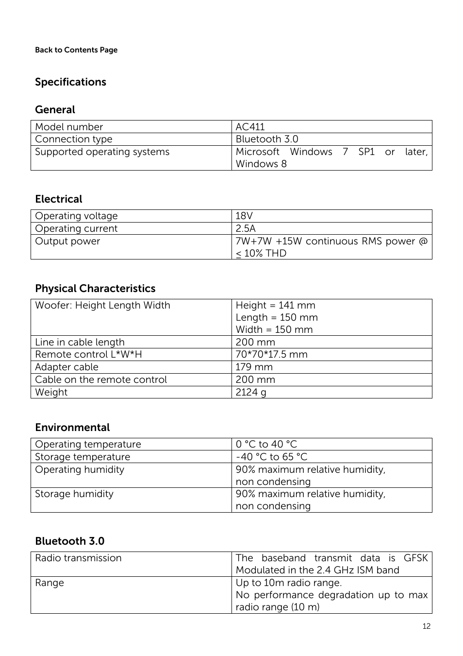 Specifications, General, Electrical | Physical characteristics, Environmental, Bluetooth 3.0 | Dell Wireless Speaker System AC411 User Manual | Page 12 / 15