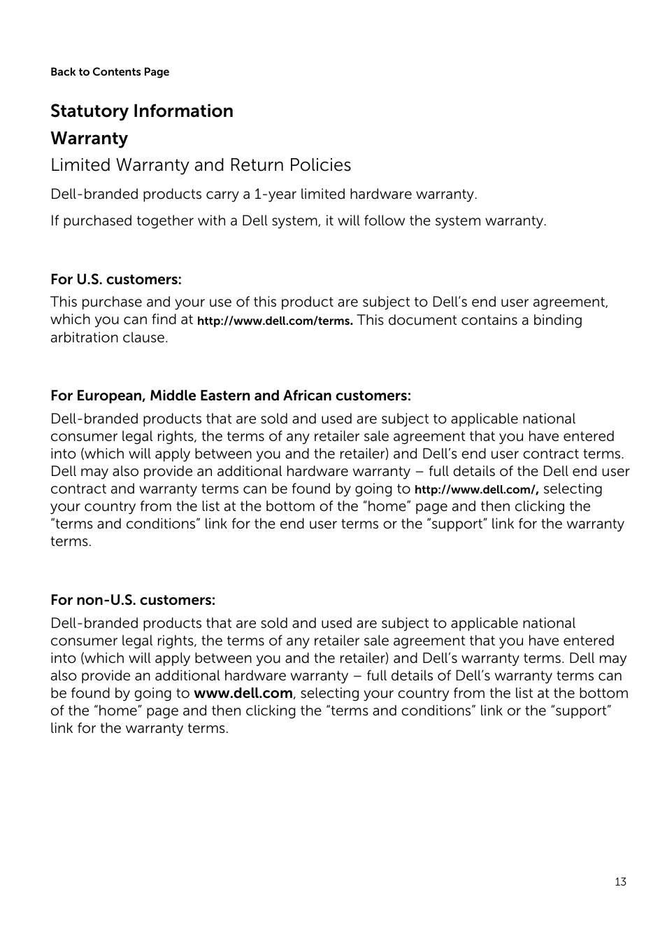 Statutory information, Warranty | Dell Wireless Speaker System AC411 User Manual | Page 13 / 15