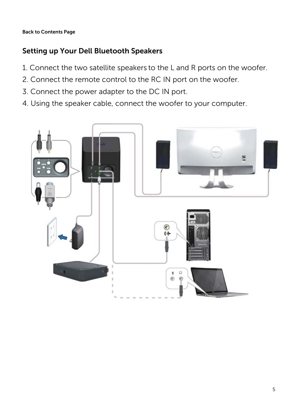 Setting up your dell bluetooth speakers, Connect the two satellite speakers, Connect the power adapter to the dc in port | Dell Wireless Speaker System AC411 User Manual | Page 5 / 15
