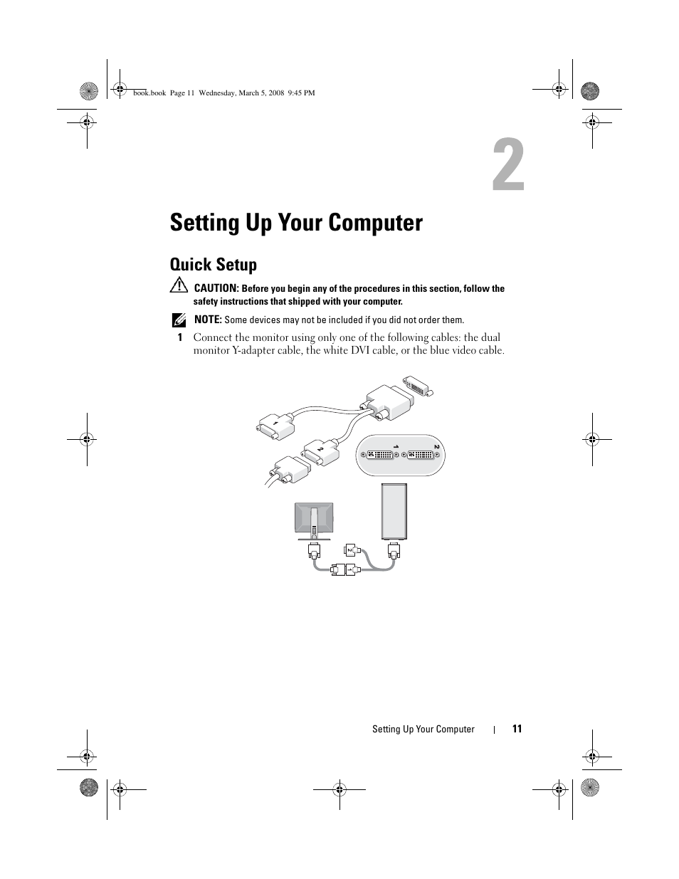 Setting up your computer, Quick setup | Dell Vostro 410 (Late 2008) User Manual | Page 11 / 76