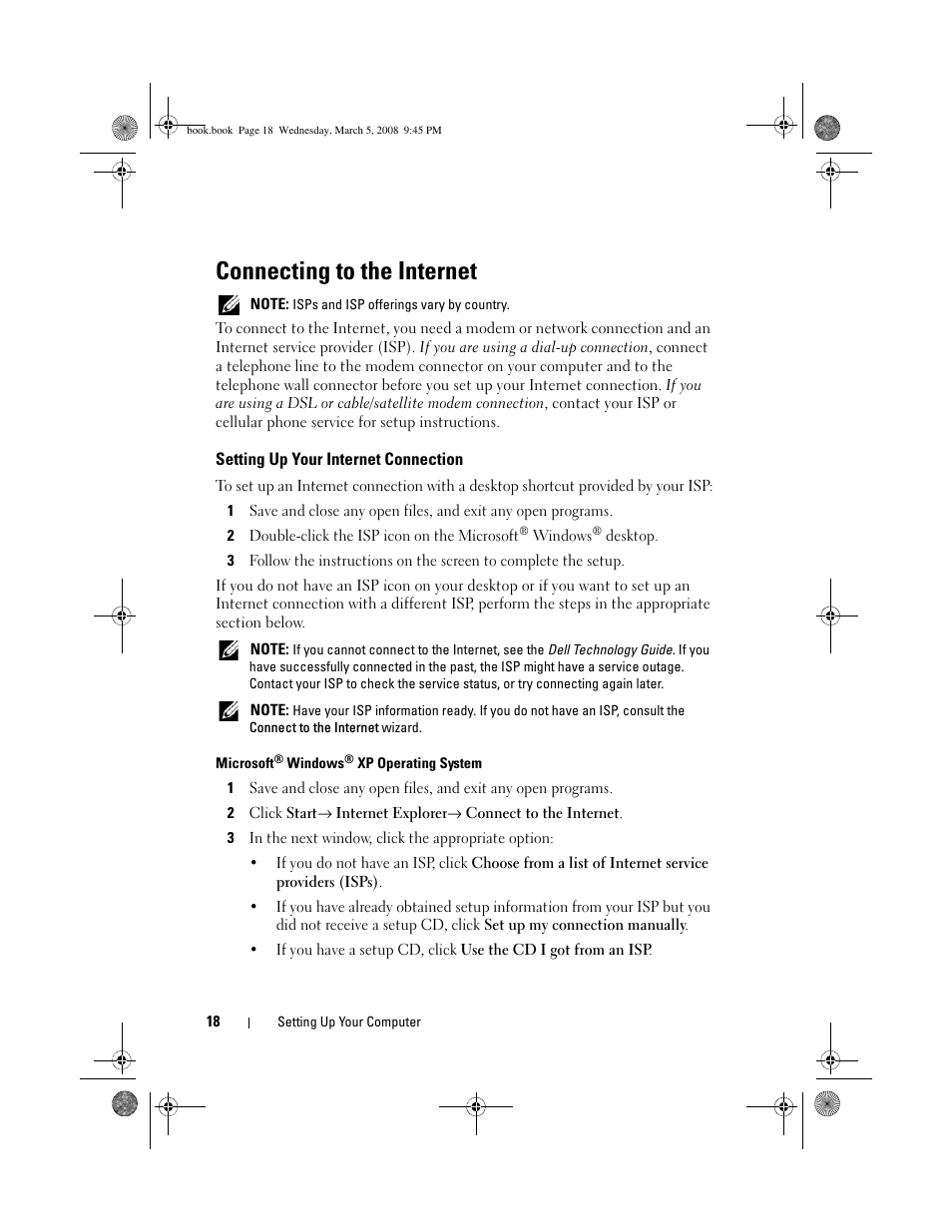Connecting to the internet, Setting up your internet connection | Dell Vostro 410 (Late 2008) User Manual | Page 18 / 76