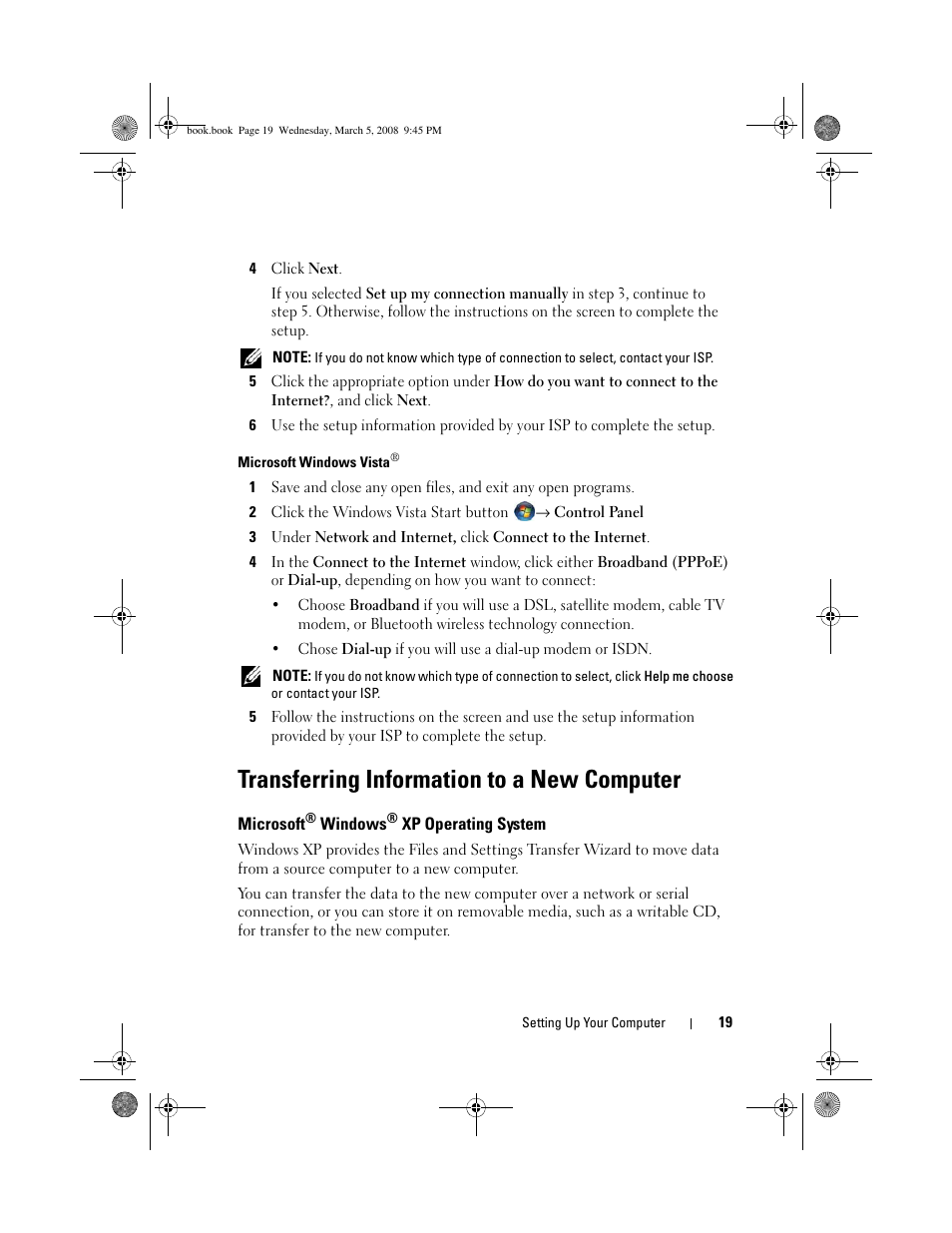 Transferring information to a new computer, Microsoft® windows® xp operating system, Microsoft | Dell Vostro 410 (Late 2008) User Manual | Page 19 / 76