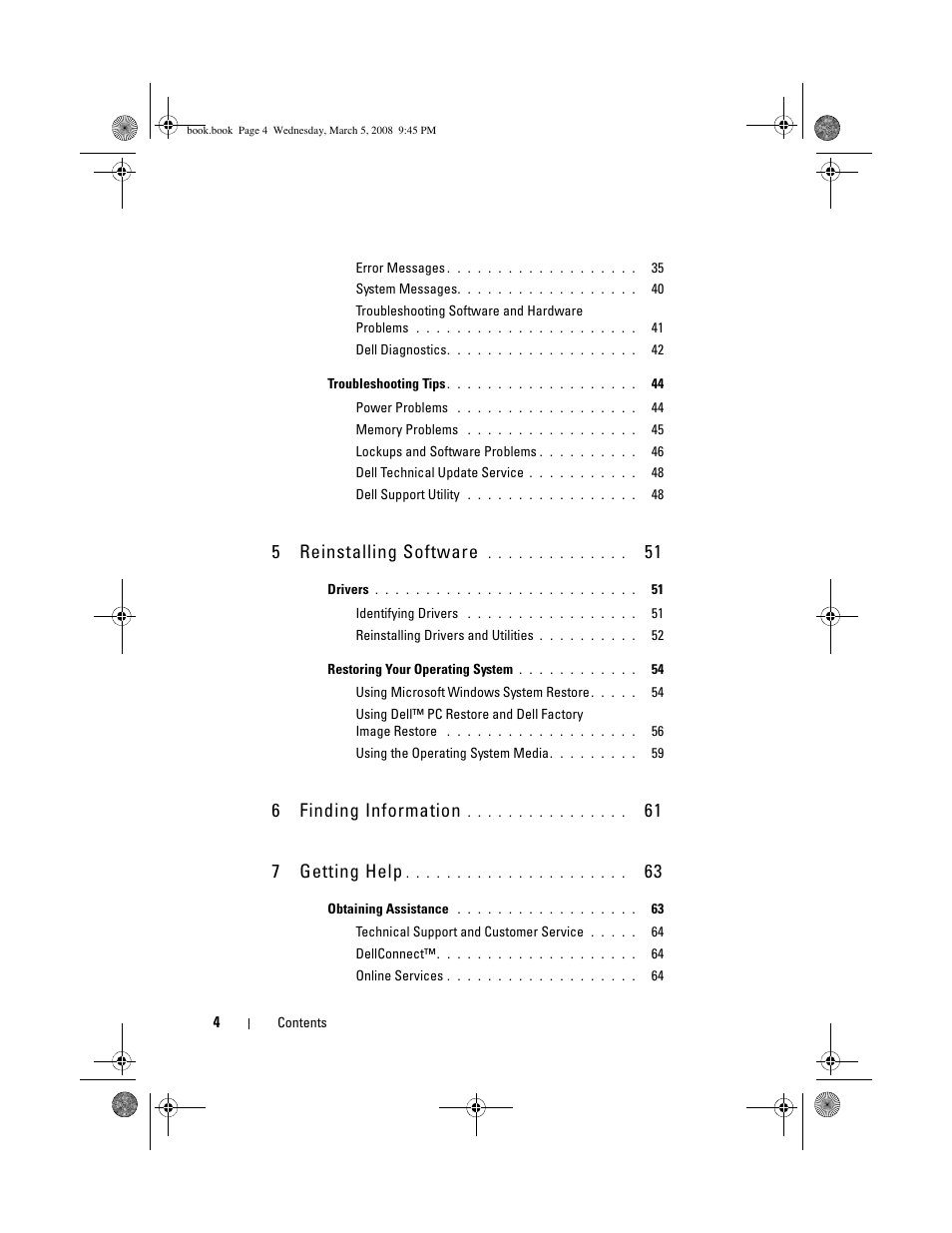 5reinstalling software, 6finding information, 61 7 getting help | Dell Vostro 410 (Late 2008) User Manual | Page 4 / 76