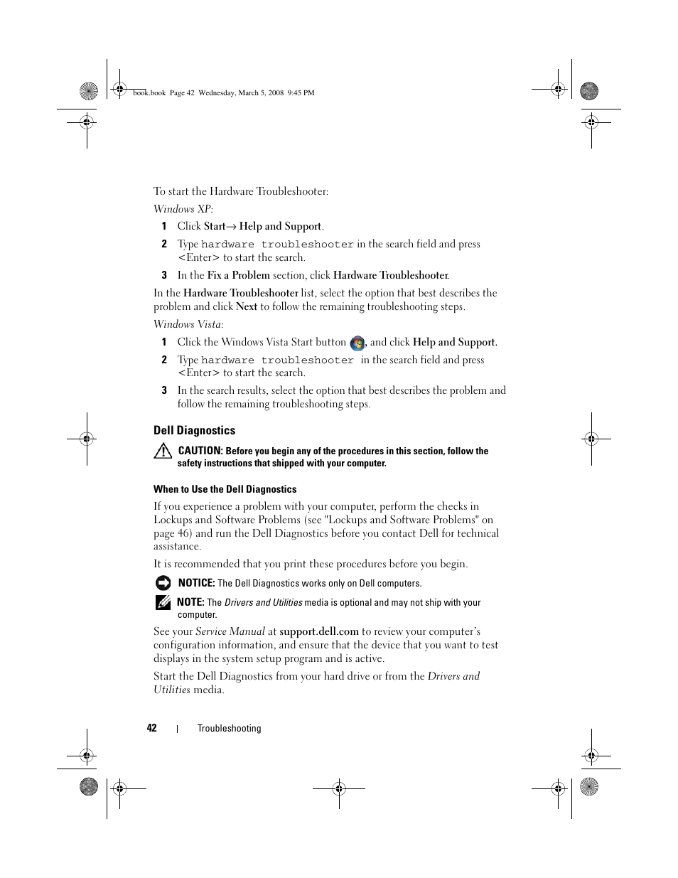 Dell diagnostics | Dell Vostro 410 (Late 2008) User Manual | Page 42 / 76