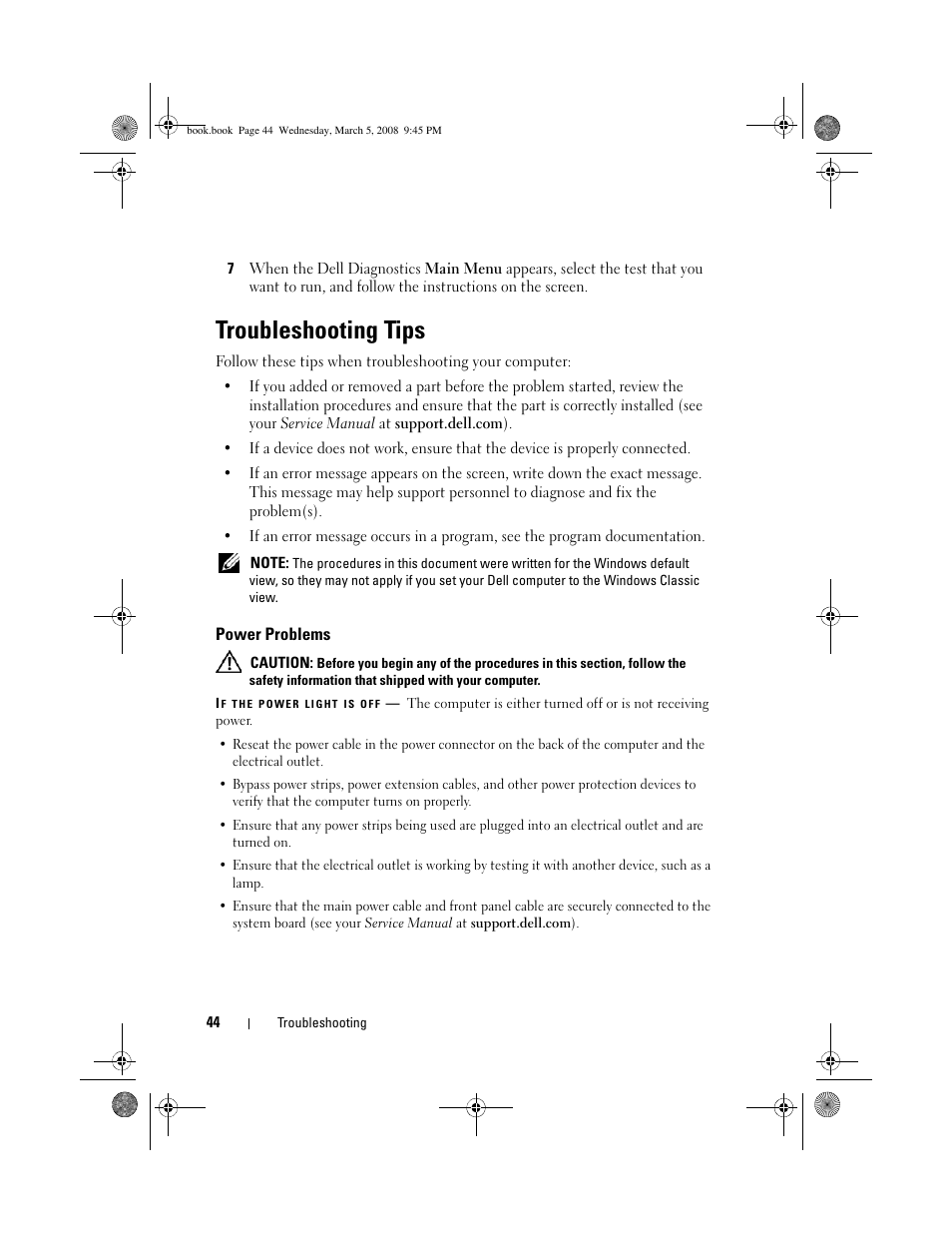 Troubleshooting tips, Power problems | Dell Vostro 410 (Late 2008) User Manual | Page 44 / 76