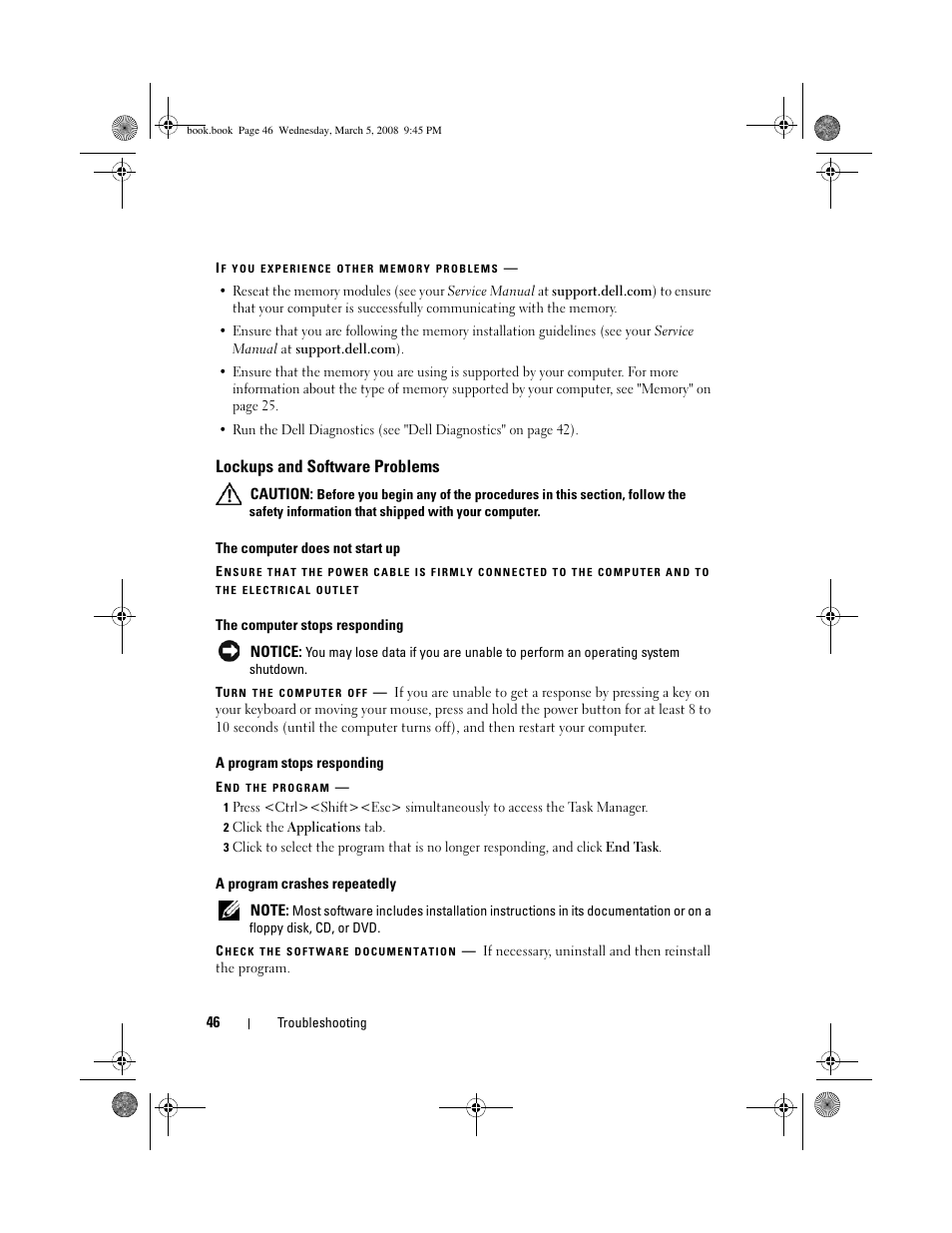 Lockups and software problems | Dell Vostro 410 (Late 2008) User Manual | Page 46 / 76
