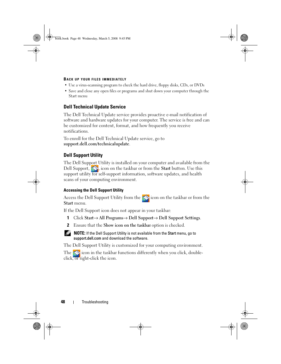 Dell technical update service, Dell support utility | Dell Vostro 410 (Late 2008) User Manual | Page 48 / 76