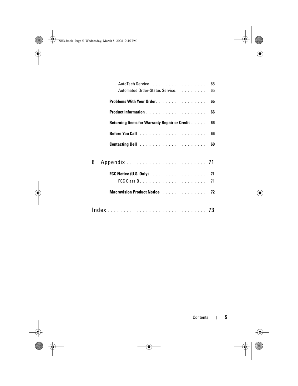 8appendix, Index | Dell Vostro 410 (Late 2008) User Manual | Page 5 / 76