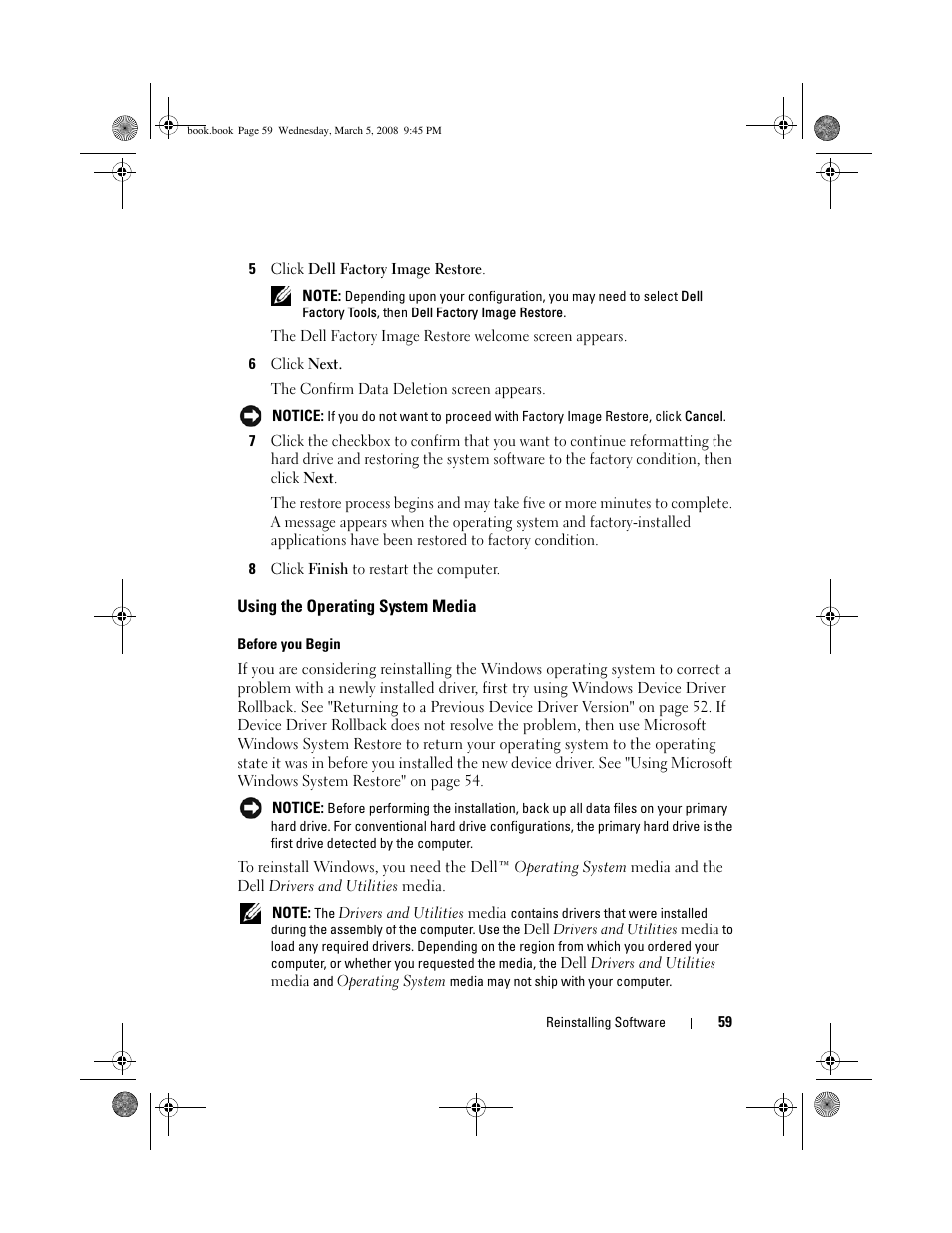 Using the operating system media | Dell Vostro 410 (Late 2008) User Manual | Page 59 / 76