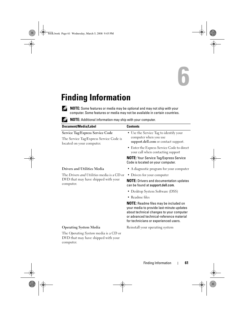 Finding information | Dell Vostro 410 (Late 2008) User Manual | Page 61 / 76