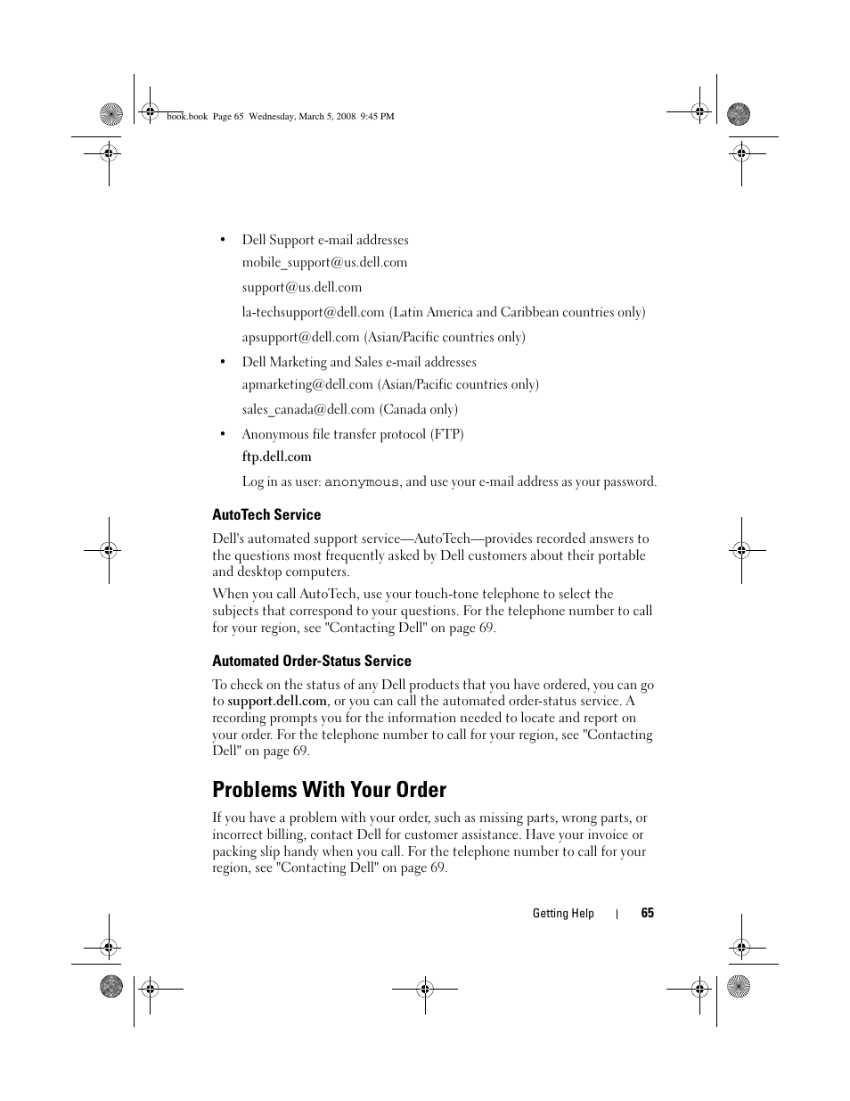 Autotech service, Automated order-status service, Problems with your order | Dell Vostro 410 (Late 2008) User Manual | Page 65 / 76