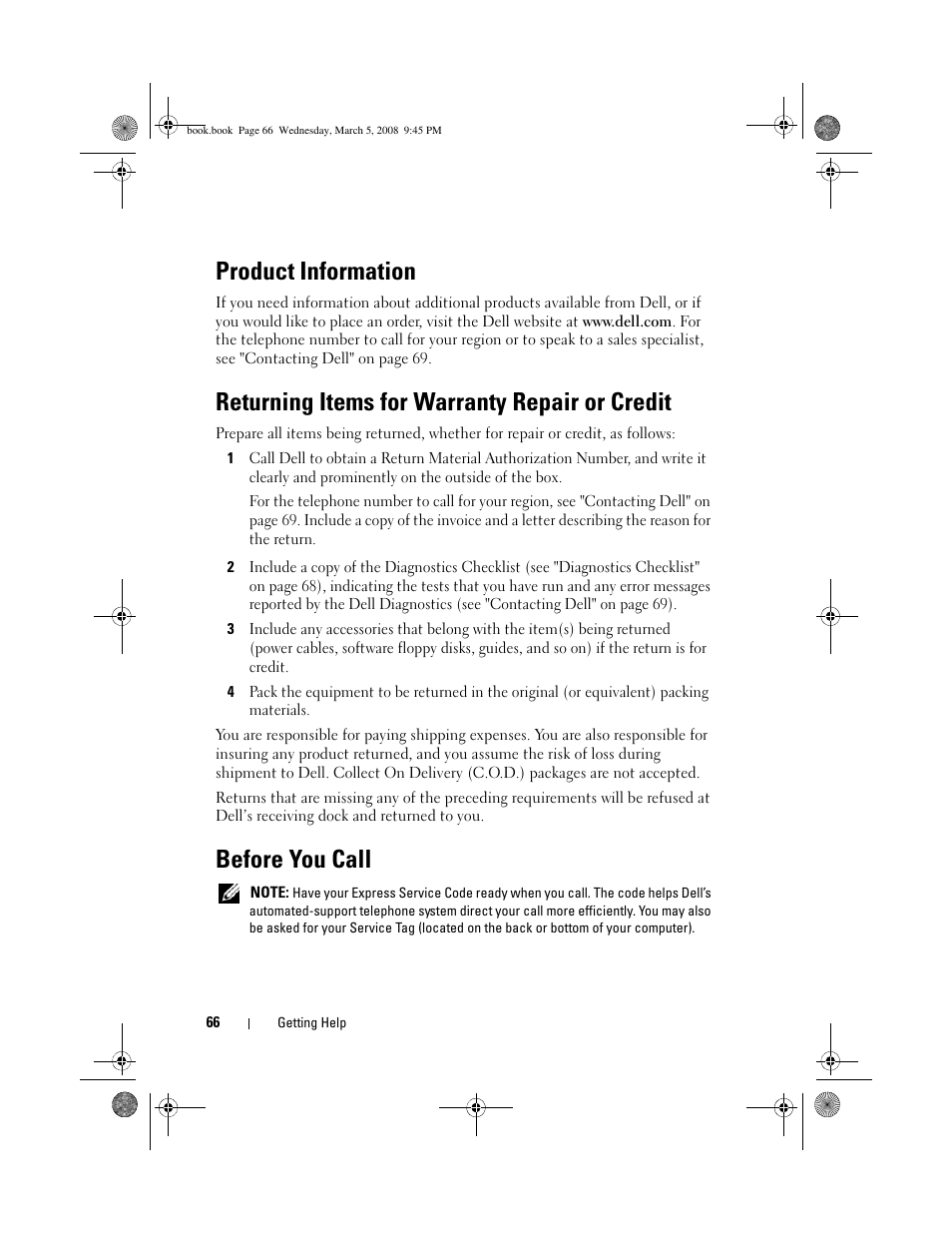 Product information, Returning items for warranty repair or credit, Before you call | Dell Vostro 410 (Late 2008) User Manual | Page 66 / 76