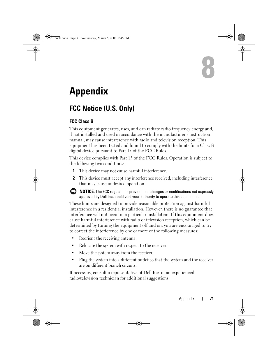 Appendix, Fcc notice (u.s. only), Fcc class b | Dell Vostro 410 (Late 2008) User Manual | Page 71 / 76