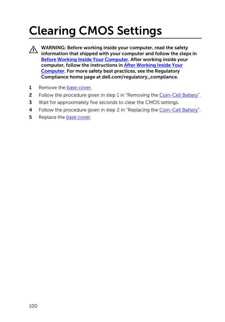 Clearing cmos settings | Dell Inspiron 23 (2350, Mid 2013) User Manual | Page 100 / 106