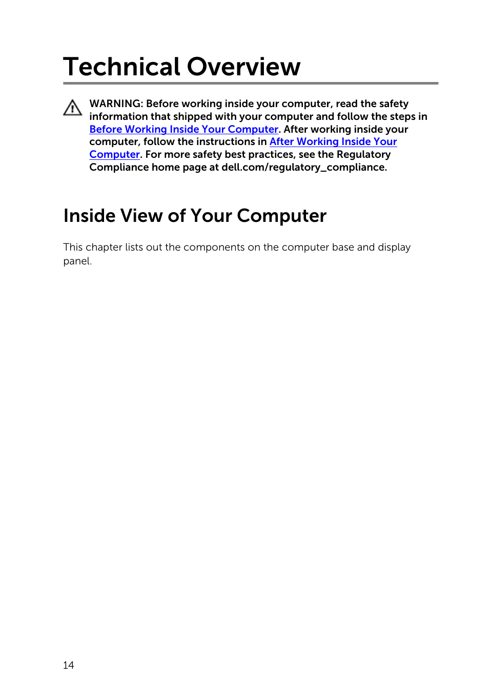 Technical overview, Inside view of your computer | Dell Inspiron 23 (2350, Mid 2013) User Manual | Page 14 / 106