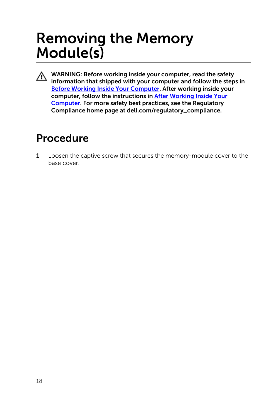 Removing the memory module(s), Procedure | Dell Inspiron 23 (2350, Mid 2013) User Manual | Page 18 / 106