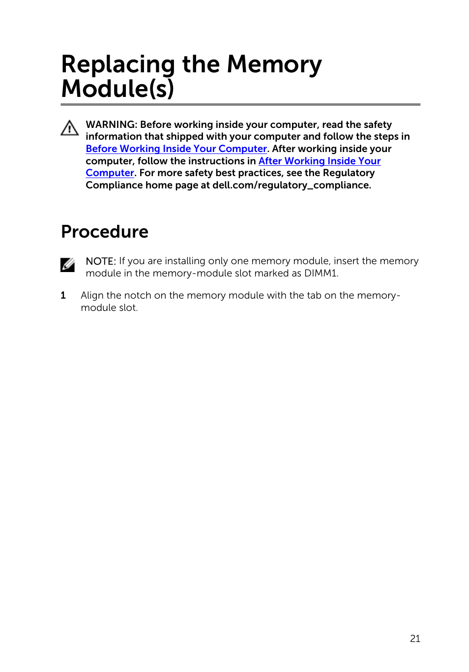 Replacing the memory module(s), Procedure | Dell Inspiron 23 (2350, Mid 2013) User Manual | Page 21 / 106