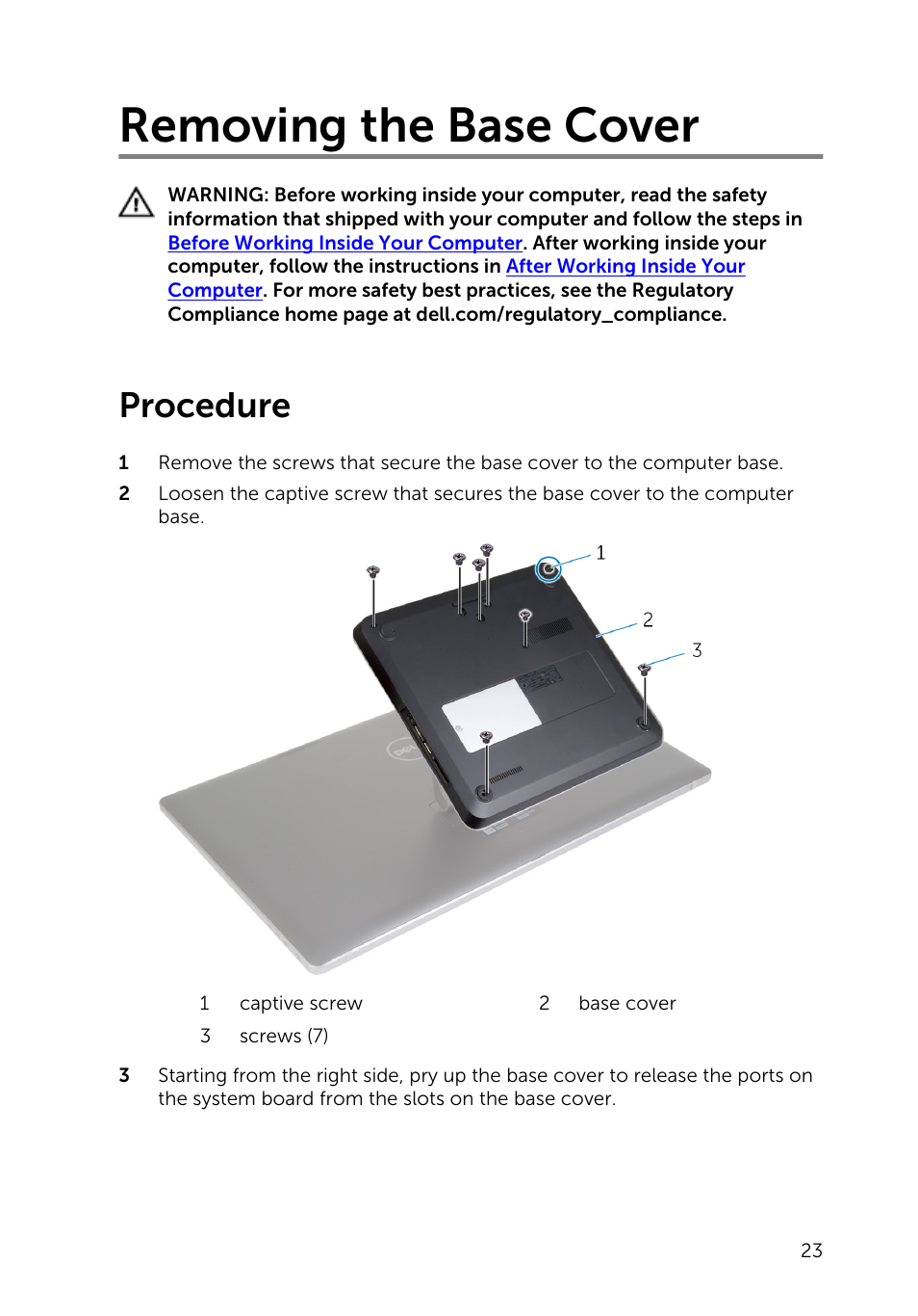 Removing the base cover, Procedure | Dell Inspiron 23 (2350, Mid 2013) User Manual | Page 23 / 106