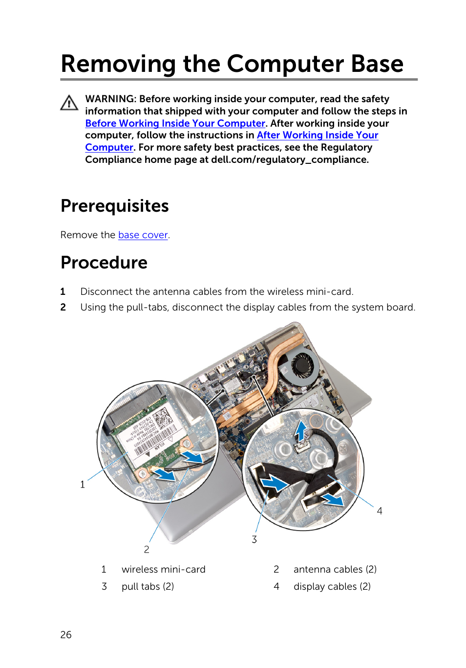 Removing the computer base, Prerequisites, Procedure | Dell Inspiron 23 (2350, Mid 2013) User Manual | Page 26 / 106