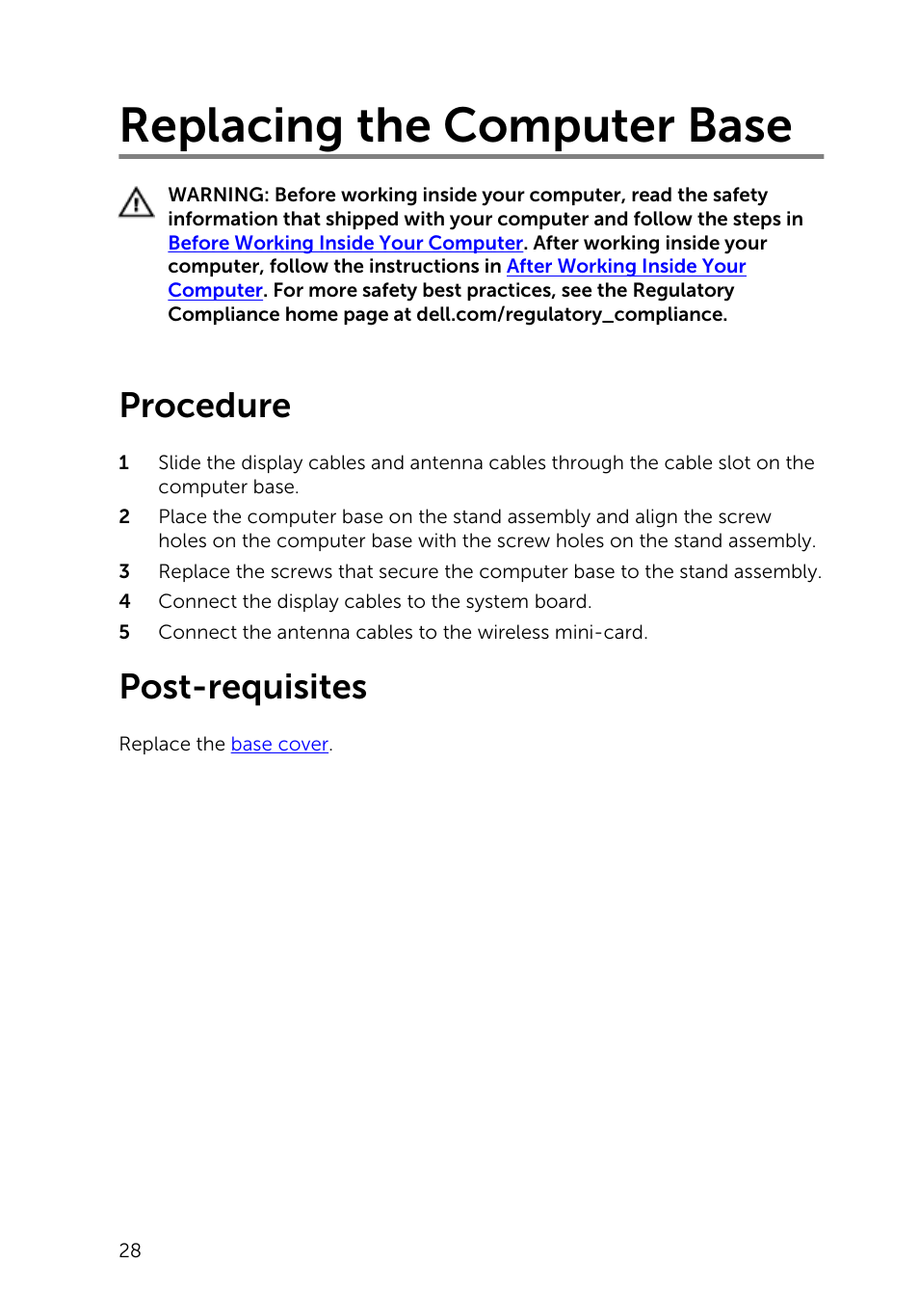 Replacing the computer base, Procedure, Post-requisites | Dell Inspiron 23 (2350, Mid 2013) User Manual | Page 28 / 106