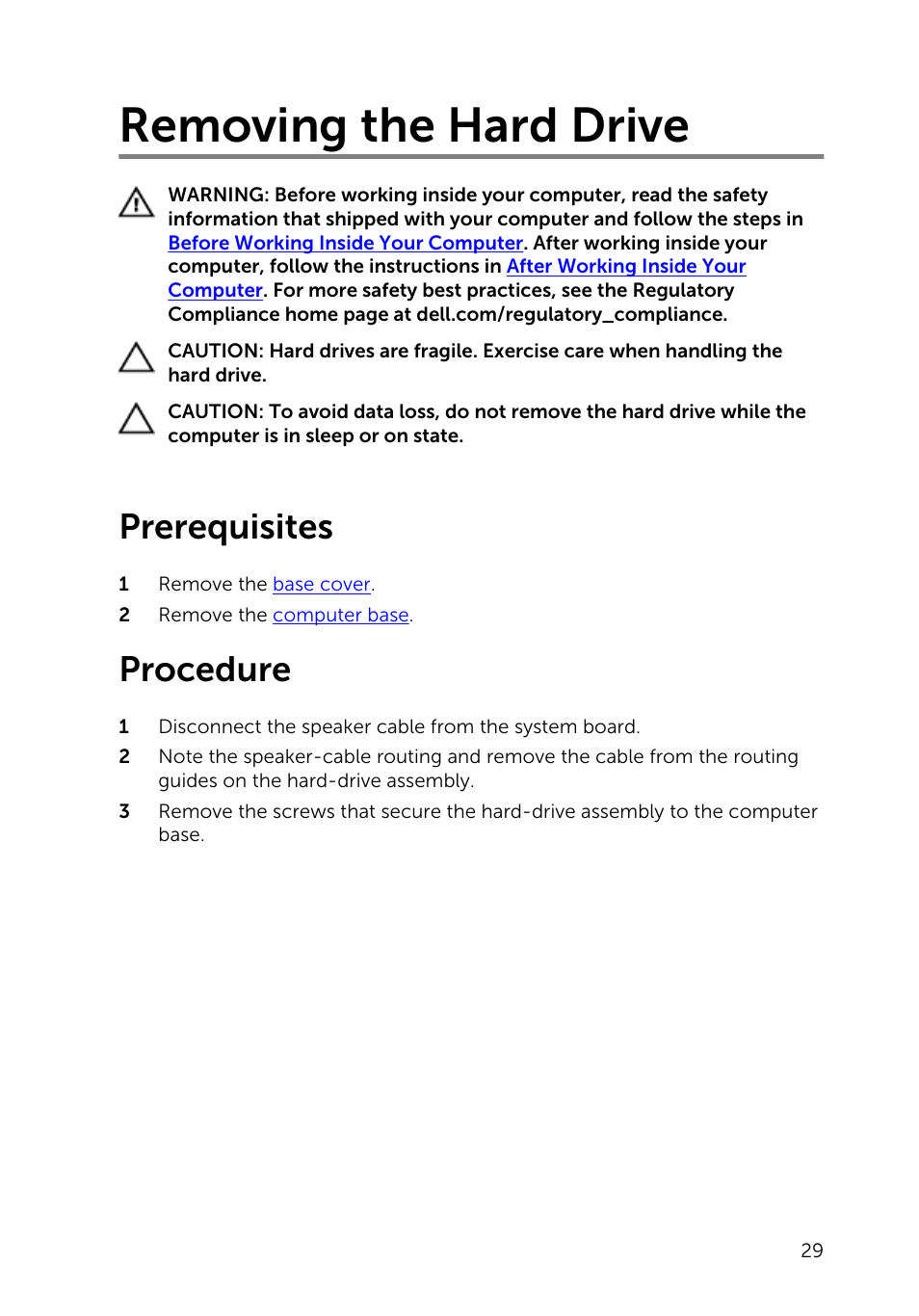 Removing the hard drive, Prerequisites, Procedure | Dell Inspiron 23 (2350, Mid 2013) User Manual | Page 29 / 106