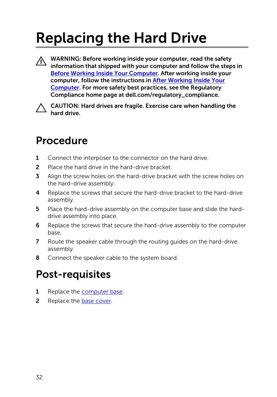 Replacing the hard drive, Procedure, Post-requisites | Dell Inspiron 23 (2350, Mid 2013) User Manual | Page 32 / 106