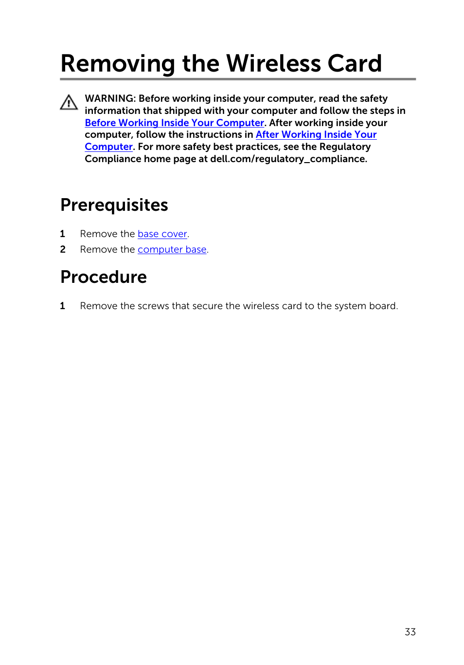 Removing the wireless card, Prerequisites, Procedure | Dell Inspiron 23 (2350, Mid 2013) User Manual | Page 33 / 106