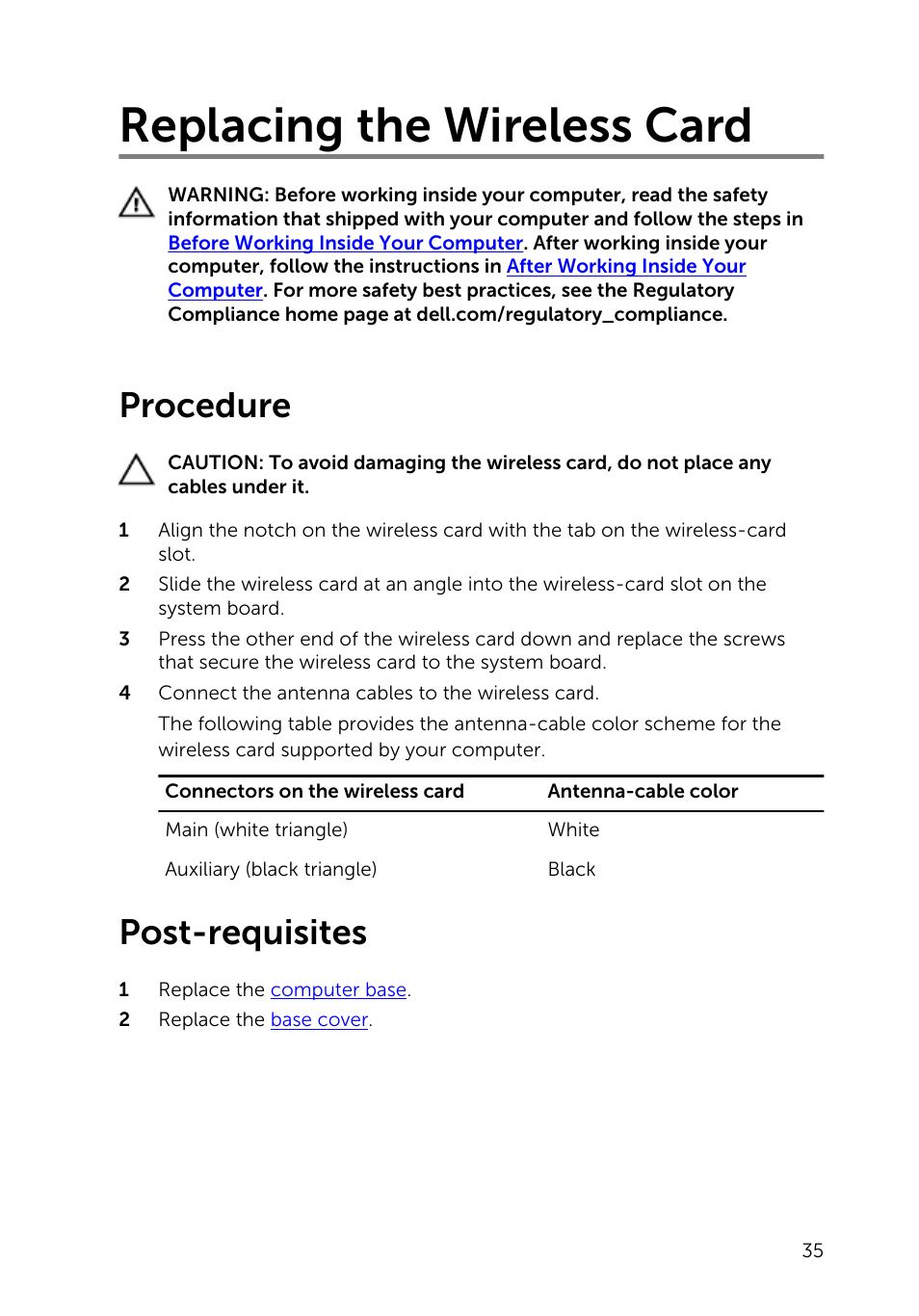 Replacing the wireless card, Procedure, Post-requisites | Dell Inspiron 23 (2350, Mid 2013) User Manual | Page 35 / 106