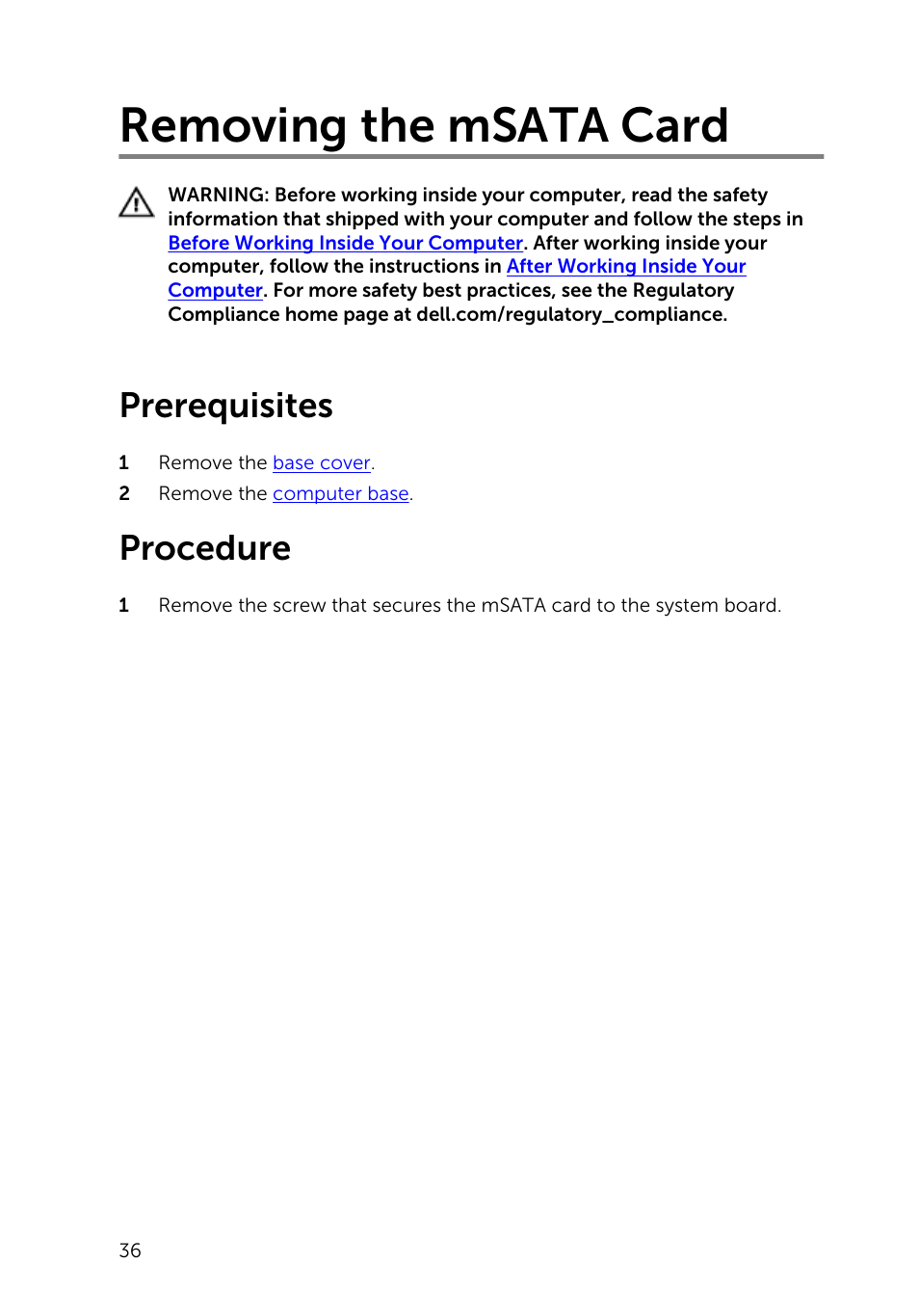 Removing the msata card, Prerequisites, Procedure | Dell Inspiron 23 (2350, Mid 2013) User Manual | Page 36 / 106