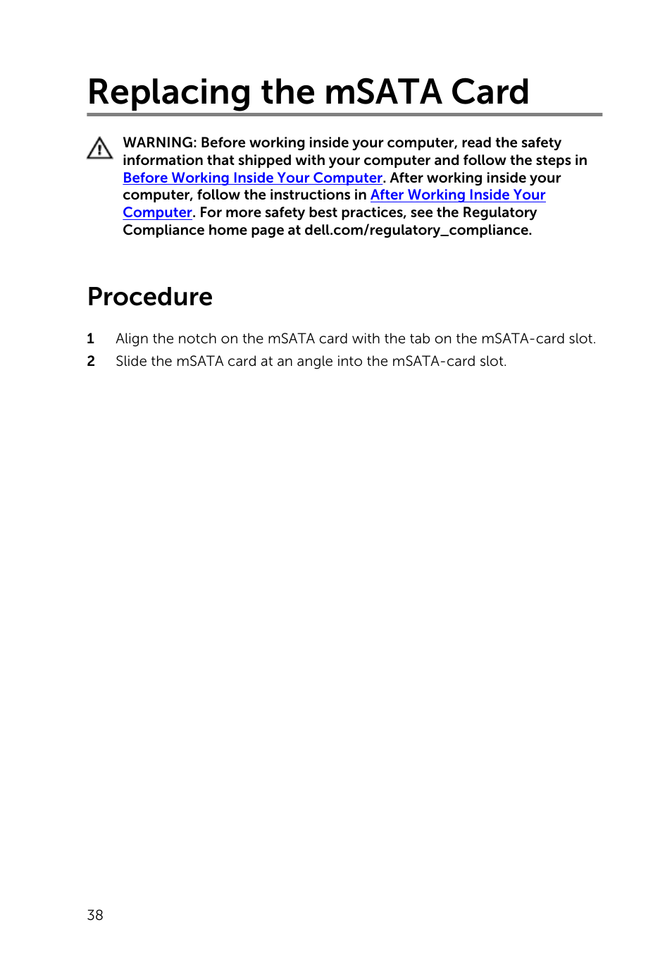 Replacing the msata card, Procedure | Dell Inspiron 23 (2350, Mid 2013) User Manual | Page 38 / 106