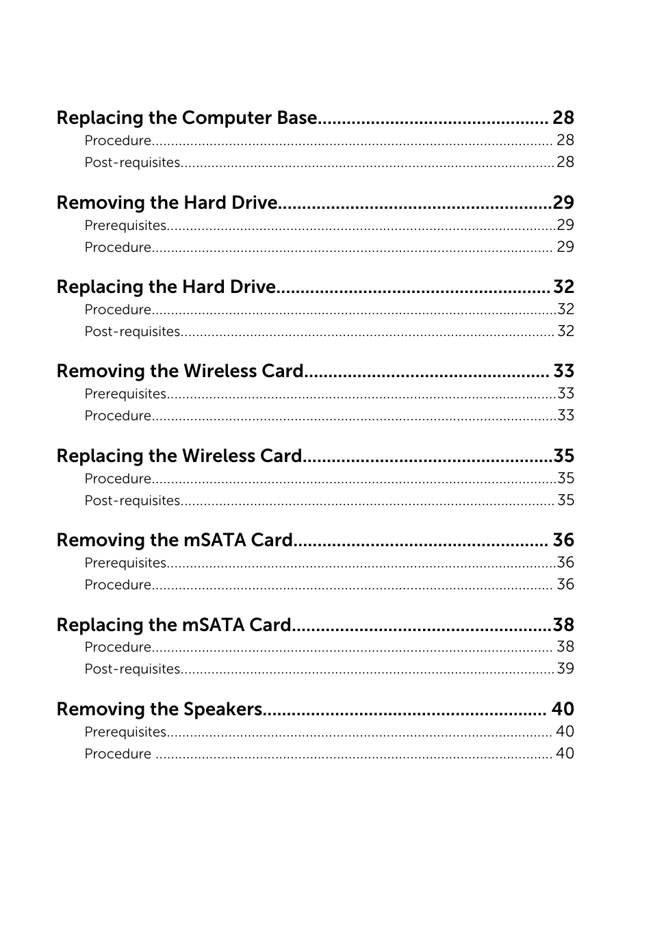 Replacing the computer base, Removing the hard drive, Replacing the hard drive | Removing the wireless card, Replacing the wireless card, Removing the msata card, Replacing the msata card, Removing the speakers | Dell Inspiron 23 (2350, Mid 2013) User Manual | Page 4 / 106