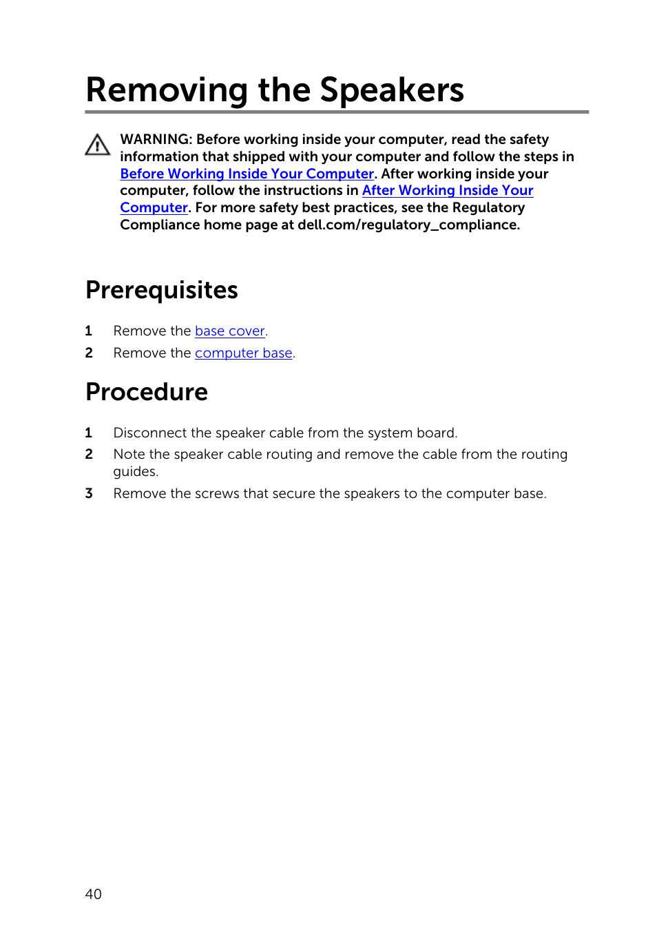 Removing the speakers, Prerequisites, Procedure | Dell Inspiron 23 (2350, Mid 2013) User Manual | Page 40 / 106