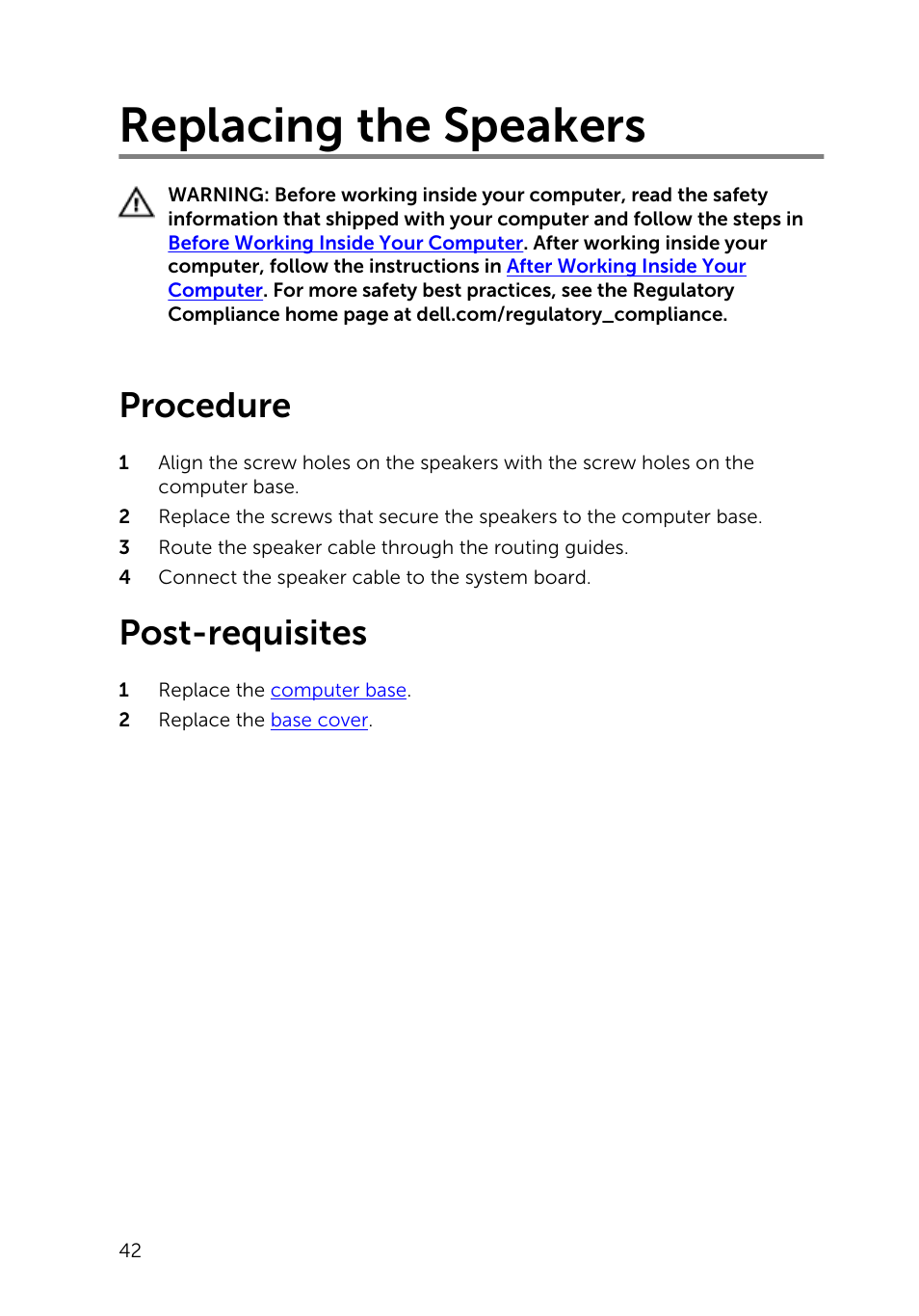 Replacing the speakers, Procedure, Post-requisites | Dell Inspiron 23 (2350, Mid 2013) User Manual | Page 42 / 106