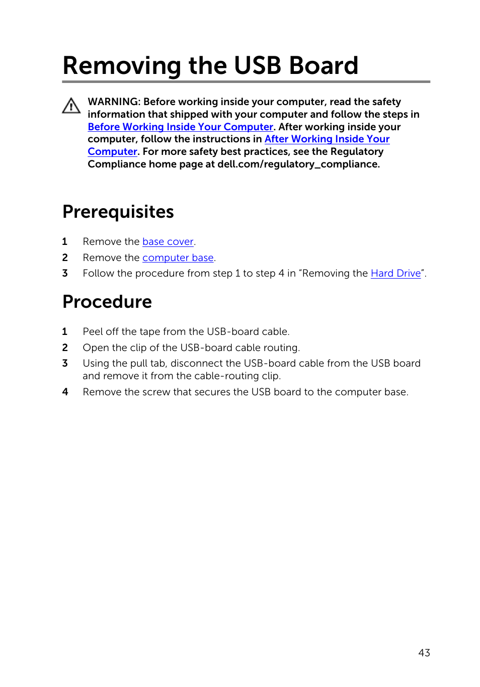 Removing the usb board, Prerequisites, Procedure | Dell Inspiron 23 (2350, Mid 2013) User Manual | Page 43 / 106