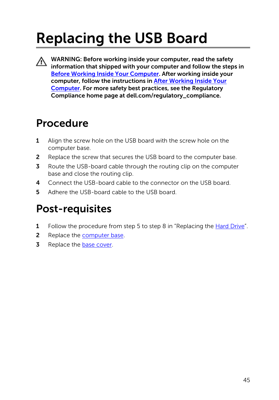 Replacing the usb board, Procedure, Post-requisites | Dell Inspiron 23 (2350, Mid 2013) User Manual | Page 45 / 106