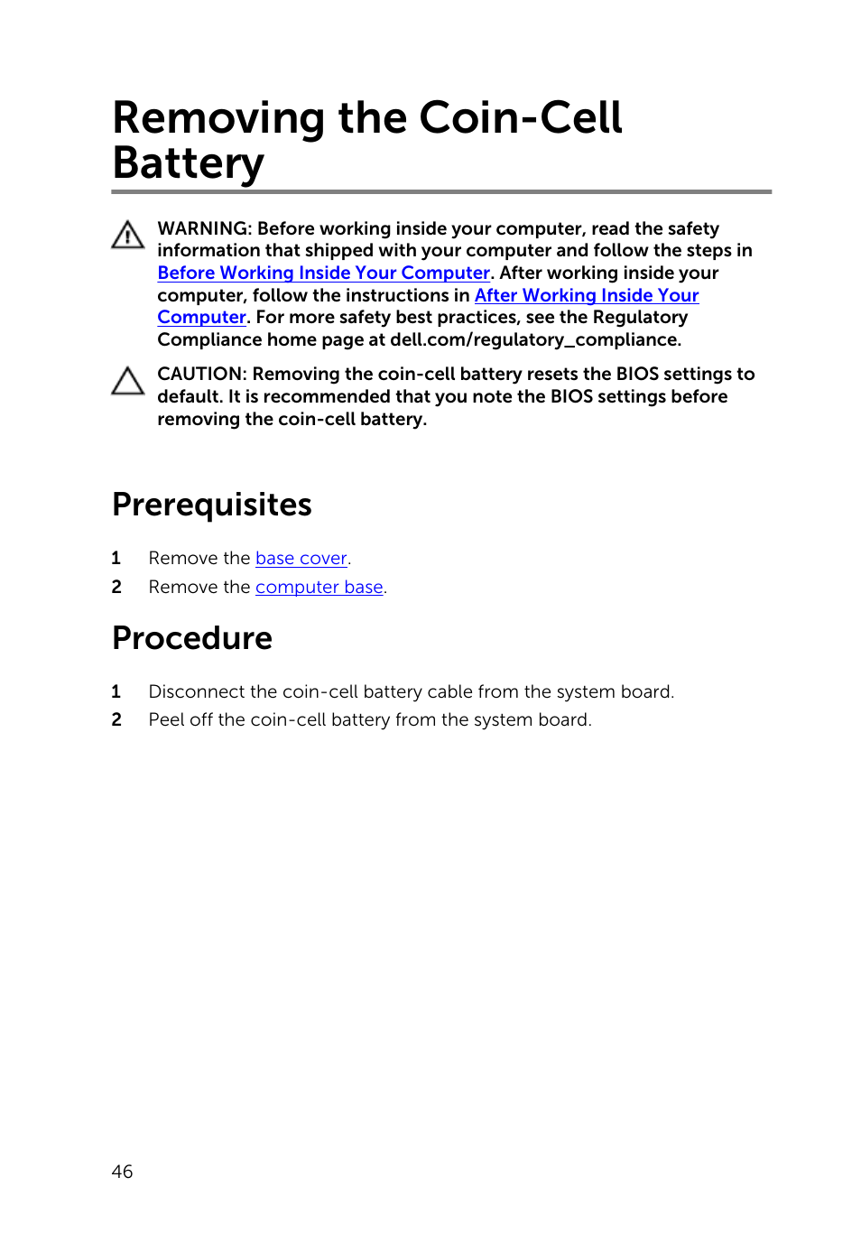 Removing the coin-cell battery, Prerequisites, Procedure | Dell Inspiron 23 (2350, Mid 2013) User Manual | Page 46 / 106