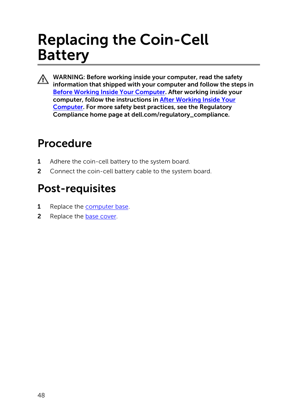 Replacing the coin-cell battery, Procedure, Post-requisites | Dell Inspiron 23 (2350, Mid 2013) User Manual | Page 48 / 106