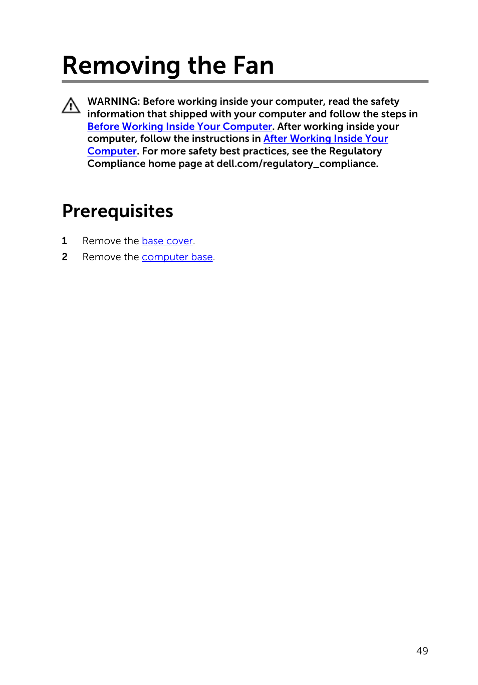 Removing the fan, Prerequisites | Dell Inspiron 23 (2350, Mid 2013) User Manual | Page 49 / 106