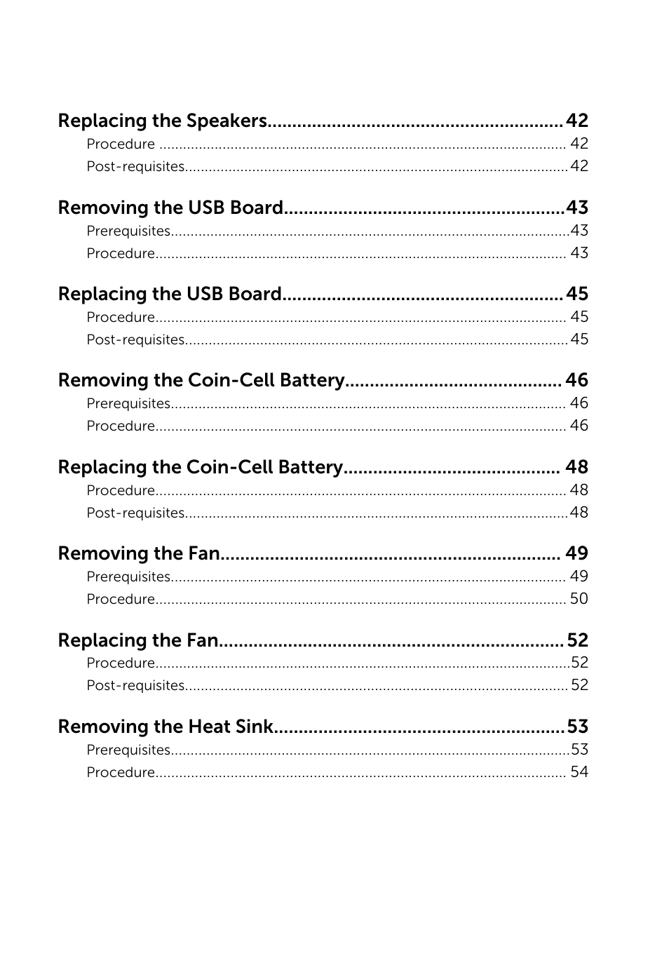 Replacing the speakers, Removing the usb board, Replacing the usb board | Removing the coin-cell battery, Replacing the coin-cell battery, Removing the fan, Replacing the fan, Removing the heat sink | Dell Inspiron 23 (2350, Mid 2013) User Manual | Page 5 / 106