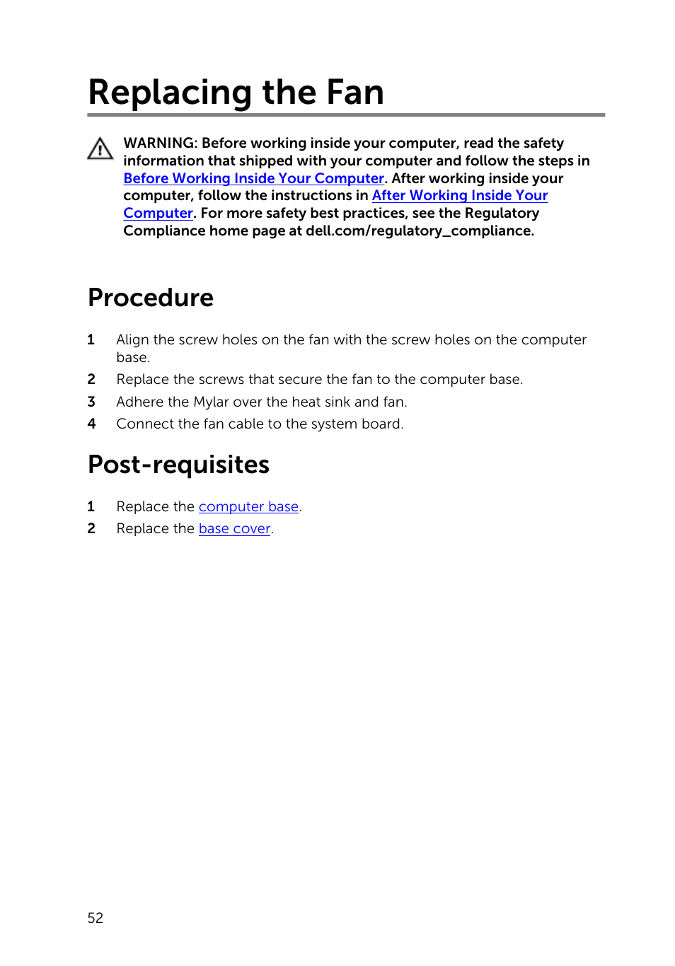 Replacing the fan, Procedure, Post-requisites | Dell Inspiron 23 (2350, Mid 2013) User Manual | Page 52 / 106